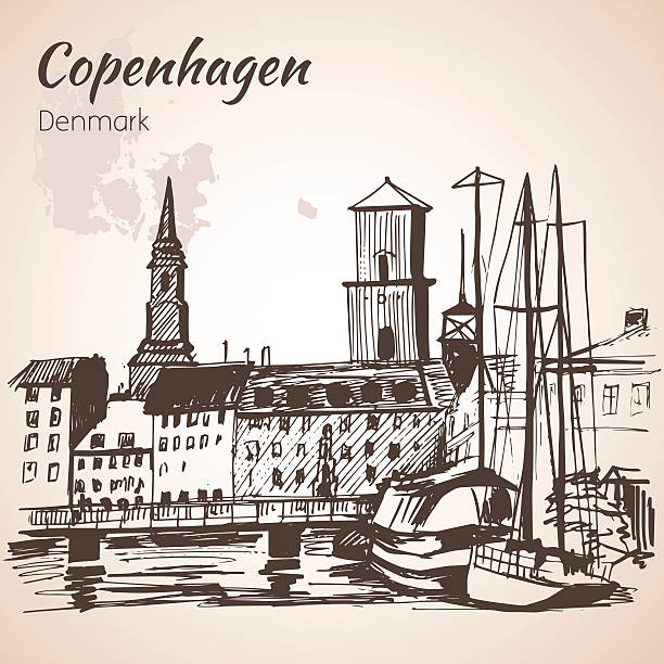 skyline von kopenhagen mit wasser und schiffe - danish culture denmark old fashioned sign stock-grafiken, -clipart, -cartoons und -symbole