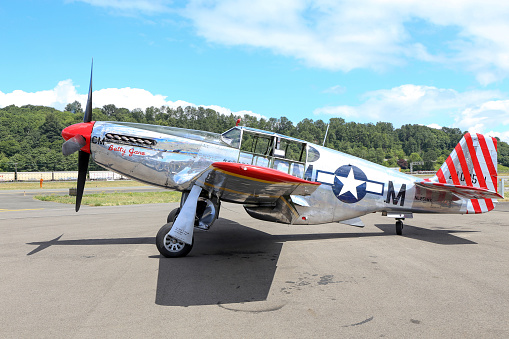 Seattle, Wa, United States - July 3, 2016: A very rare P-51C Mustang owned by the Collings Foundation was seeing flying in the skies over Seattle, WA. This is 1 of only 5 built during WWII.