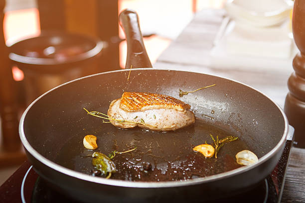 Frying pan with meat.