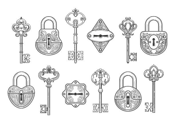 Vintage key, keyhole and lock set Vintage key, keyhole and lock set or victorian padlock elements vector illustration old key stock illustrations