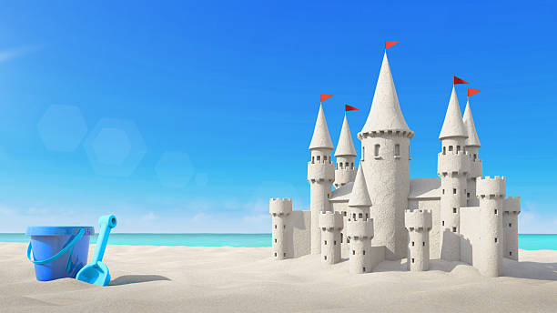 istock Sandcastle beach and toy on bright sky. 3d rendering 544958590