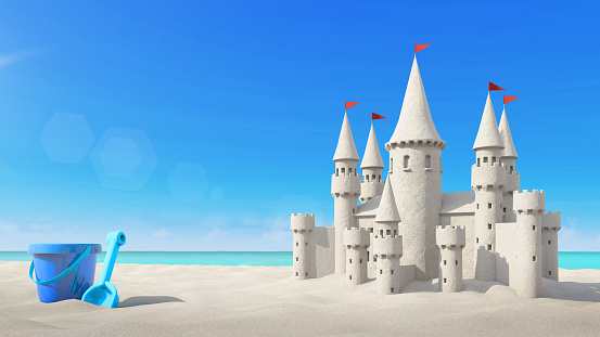 Sandcastle beach and toy on bright sky. 3d rendering