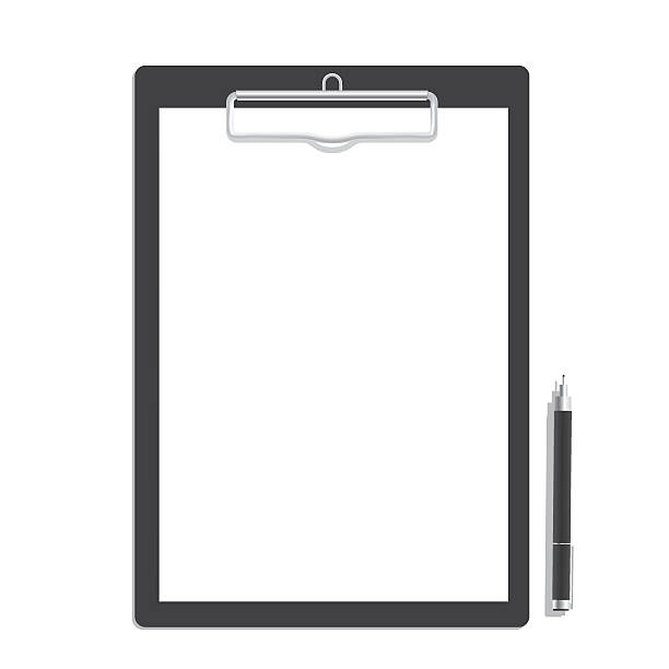 ilustrações, clipart, desenhos animados e ícones de livro em branco prancheta e caneta de maquetes vetor preto. - paper clip paper note pad attached