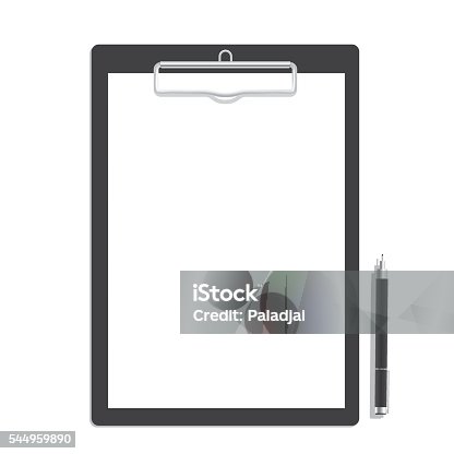 istock Blank paper on clipboard and black pen mock up vector. 544959890
