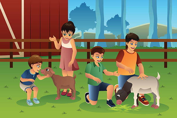 Kids in a Petting Zoo A vector illustration of happy kids petting animals together in a petting zoo petting zoo stock illustrations