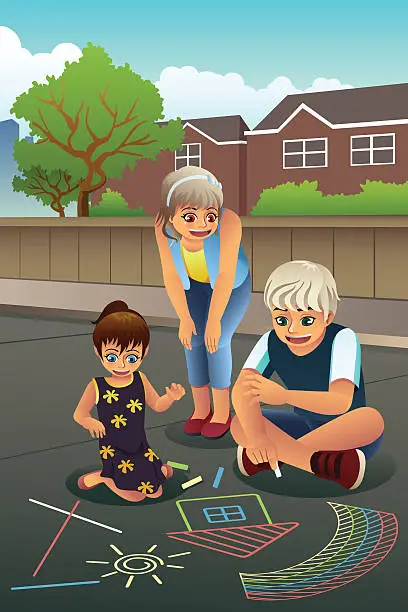 Vector illustration of Kids Drawing on the Sidewalk