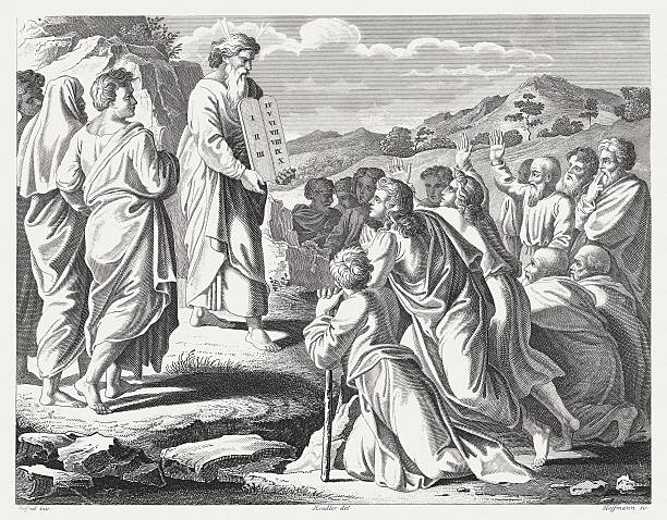 mojżesz z nowym tabletki z przymierza (wj 34) - testaments stock illustrations