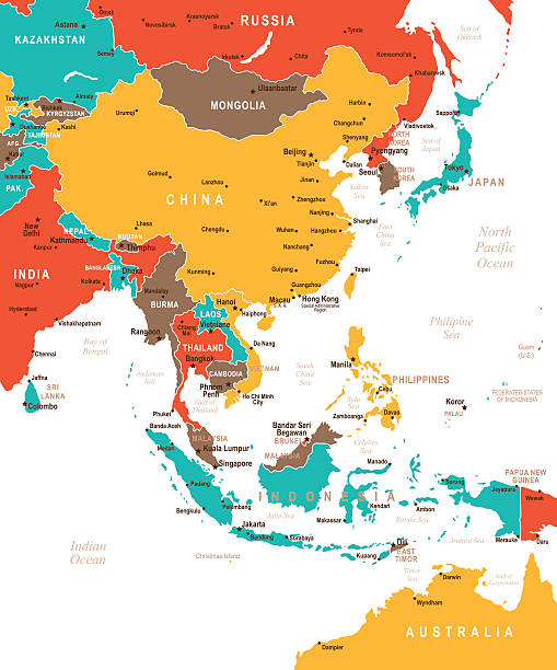 ilustrações de stock, clip art, desenhos animados e ícones de colorido mapa de ásia oriental - india map cartography topographic map