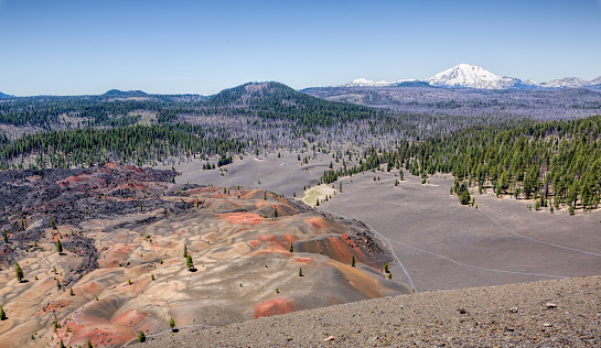 Panoramic view from cinder cone over painted dunes and Mt Lassen