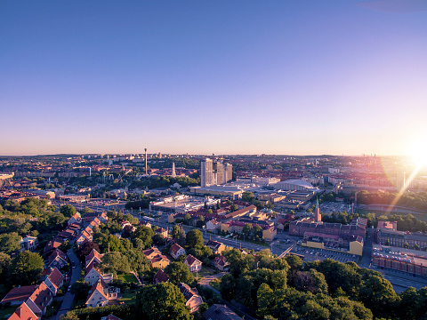 Beautiful aerial view over Gothenburg city in Sweden. Shot with a drone in sunset.