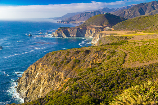 Coastal scene of Big Sur State park on a sunny day, California.