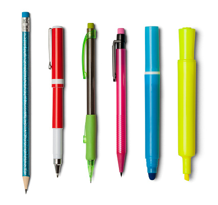 Various Pens Pencils and Markers Isolated on a White Background.
