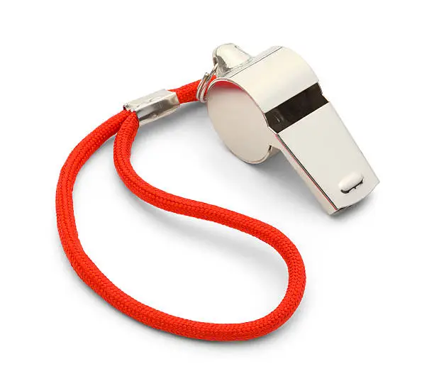 Coach Gym Whistle with Red Cord Isolated on White Background.