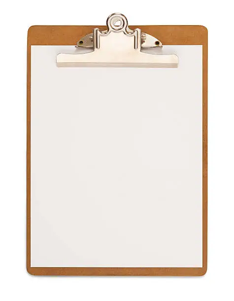 Wood Clipboard with Blank Paper Isolated on a White Background.