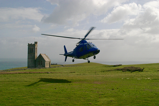 Helicopter Landing on Lundy Island, Devon Coast UK 