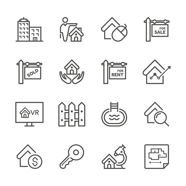 ilustrações, clipart, desenhos animados e ícones de tv linha ícones-imóveis série - key mortgage house housing development