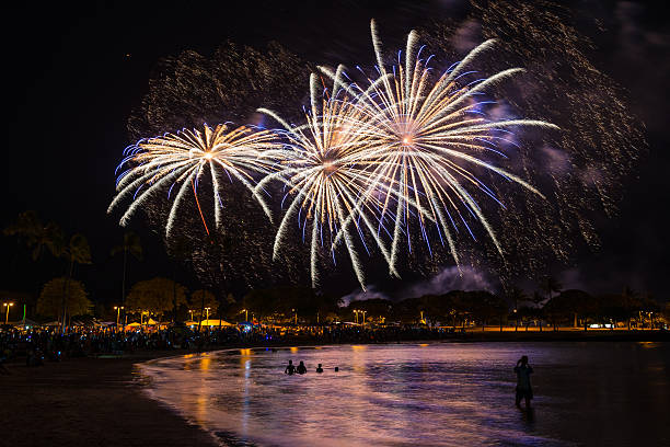 Fireworks in the night sky over Honolulu, Hawaii