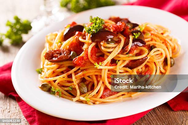 Puttanesca Pasta Stock Photo - Download Image Now - Puttanesca, Spaghetti, Pasta