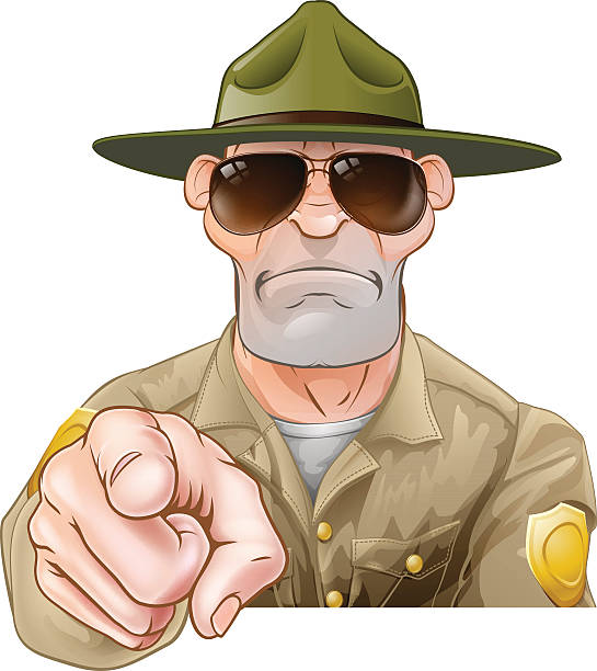 Pointing Cartoon Park Ranger A serious looking cartoon park ranger or forest ranger pointing military camp stock illustrations