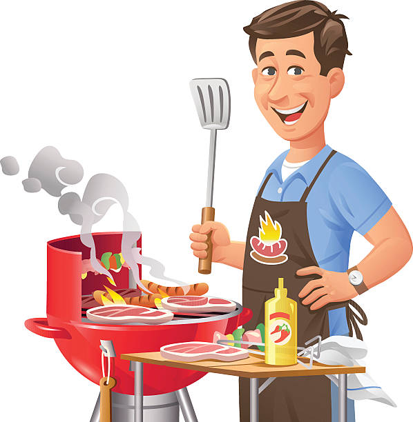 illustrations, cliparts, dessins animés et icônes de homme au barbecue - barbecue grill chef barbecue sausage