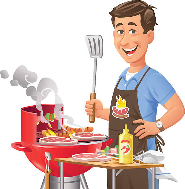 Man At Barbecue Grill Vector illustration of a cheerful man standing at a barbecue grill looking a the camera, isolated on white. meat clipart stock illustrations