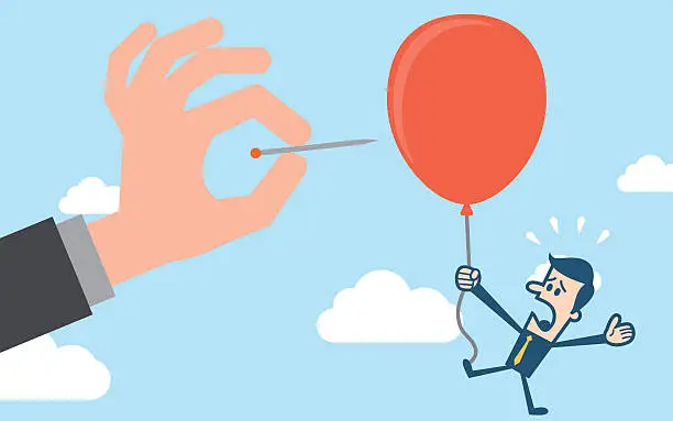 Vector illustration of Hand pushing needle to pop the balloon of rival