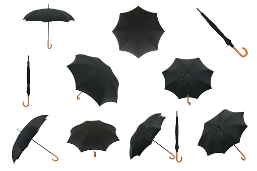 Set black classic umbrella open, closed with wooden handle. 3D graphic