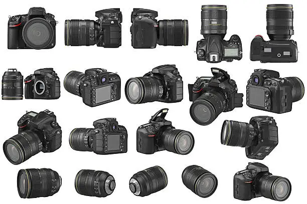 Set digital DSLR photo camera professional. 3D graphic