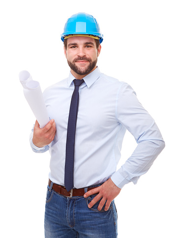 Young architect with hard hat and plan on white background