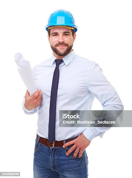 Businessman Architect With Hard Hat And Plan Stock Photo - Download Image Now - Architect, Engineer, White Background