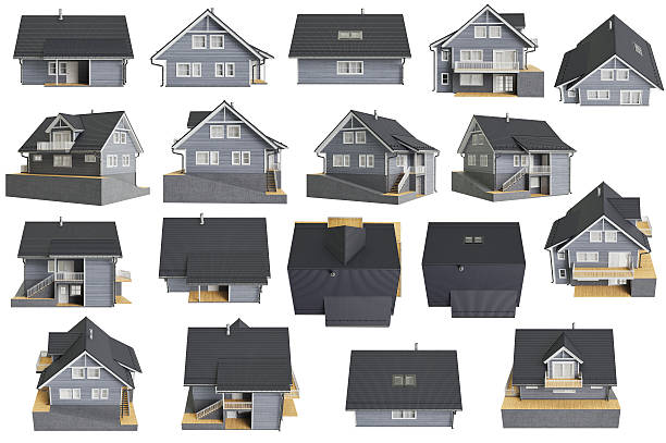 Set houses cottages wooden facade Set houses cottages wooden facade. 3D graphic brick house isolated stock pictures, royalty-free photos & images