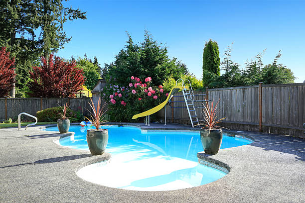 istock Fenced backyard with small beautiful swimming pool 545089688