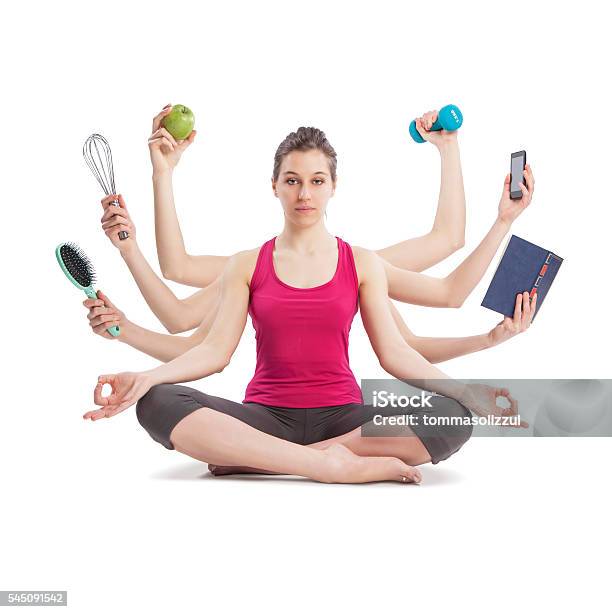 Multitasking Woman Portrait In Yoga Position With Many Arms Stock Photo - Download Image Now