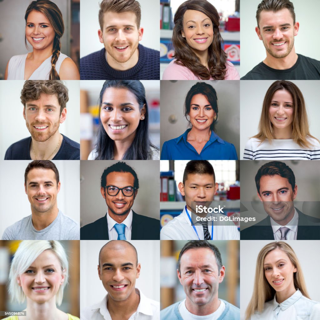 Multi Ethnic Adult Portraits Collage made of sixteen headshots of adults. They are a mix of genders, ages and ethnicities. Image Montage Stock Photo