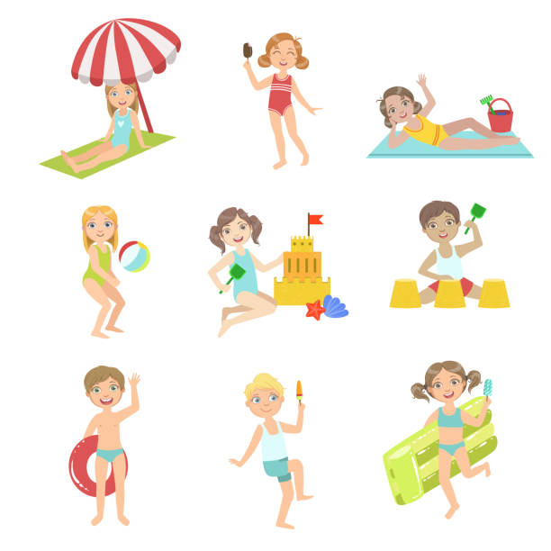 Kids Playing At the Beach Set Kids Playing At the Beach Set Of Simple Design Illustrations In Cute Fun Cartoon Style Isolated On White Background matrass stock illustrations