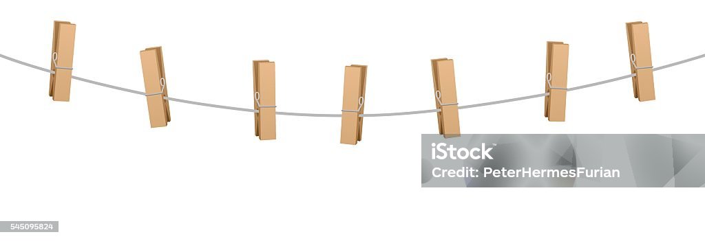 Clothes Pins Clothes Line Rope Seven Wooden Pegs Clothes pins on a clothes line rope holding nothing. Clothesline stock vector