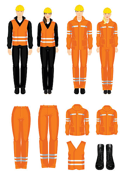 ilustraciones, imágenes clip art, dibujos animados e iconos de stock de hombre y mujer en ropa de protección del trabajador - orange uniform