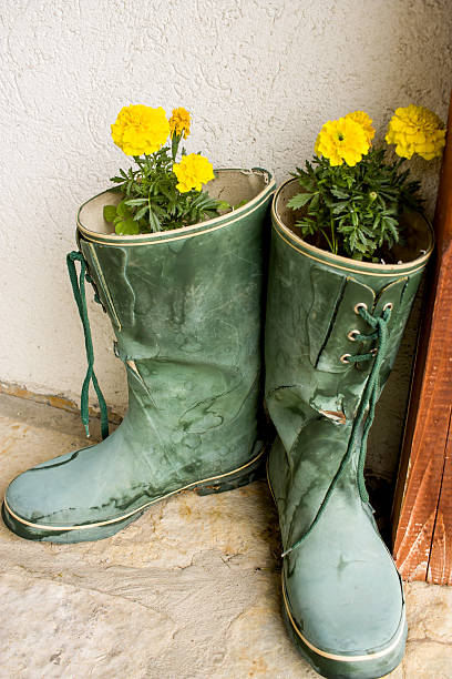 large pair of boots as a flower pot