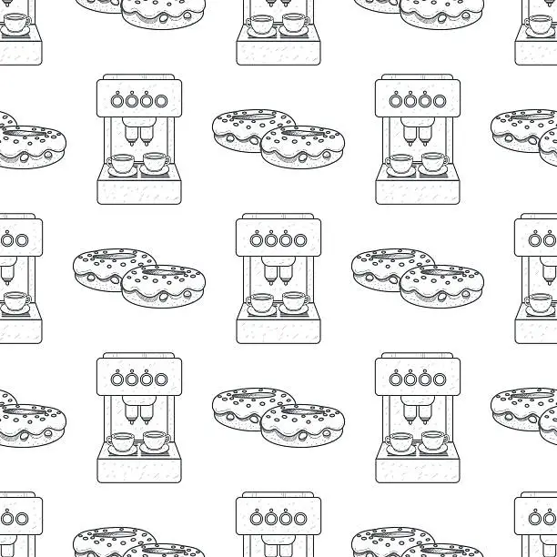 Vector illustration of Seamless pattern with outline drawings on the theme of coffee.