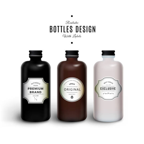 реалистичные черный, коричневый и белый вектор бутылки с винтажные этикетки - insulated drink container hip flask alcohol brown stock illustrations