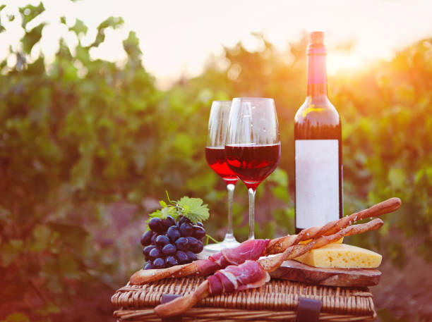 istock Two glasses of red wine with bread, meat, grape, cheese 545100534