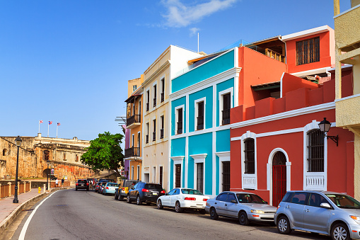 Beautiful typical vibrant street in San Juan, Puerto Rico, leading to fort San Cristobal