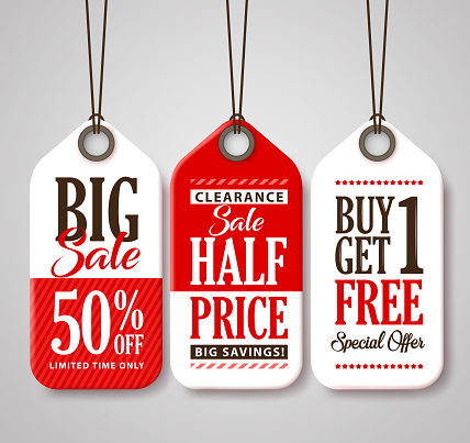 Sale Tag Design Collection Made of Paper with Different Titles for Promotion and Discounts. Vector Illustration.