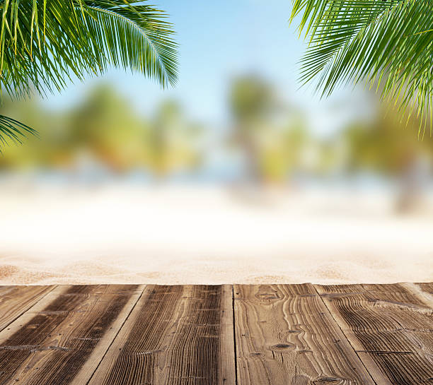 istock Empty wooden planks with blur beach on background 545102674