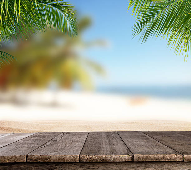 istock Empty wooden planks with blur beach on background 545102714