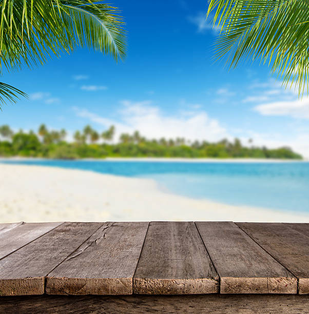 istock Empty wooden planks with blur beach on background 545102854