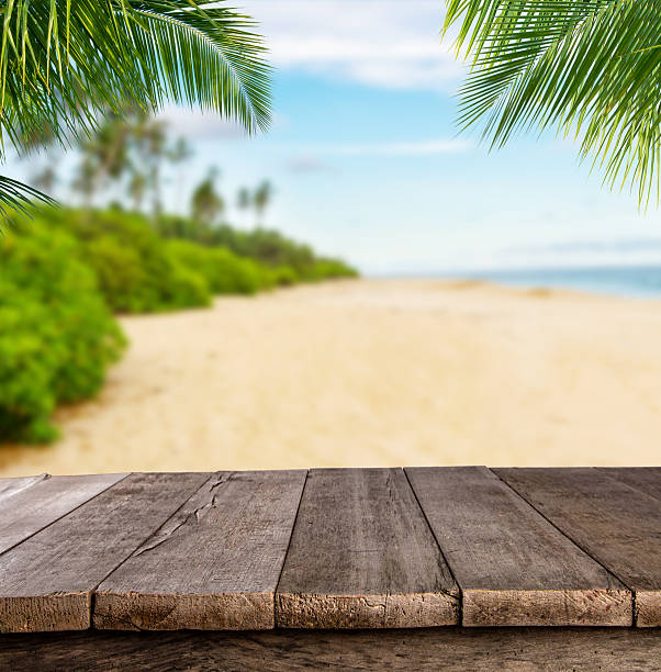 istock Empty wooden planks with blur beach on background 545102912