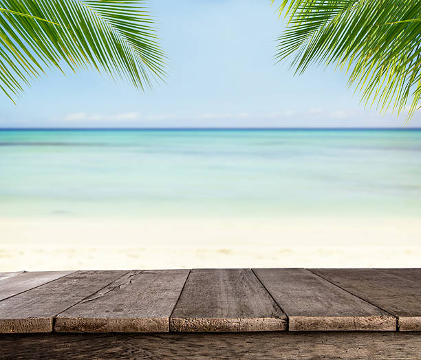 istock Empty wooden planks with blur beach on background 545102980