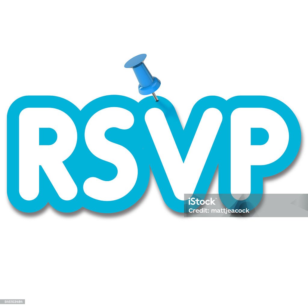 RSVP label pinned to a plain white background RSVP blue label pinned to a plain white background noticeboard with a push pin RSVP Stock Photo