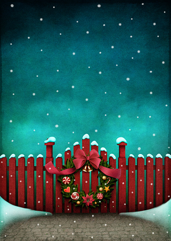 background  for Greeting card or illustration of  red fence and Christmas Wreath. Computer graphics.